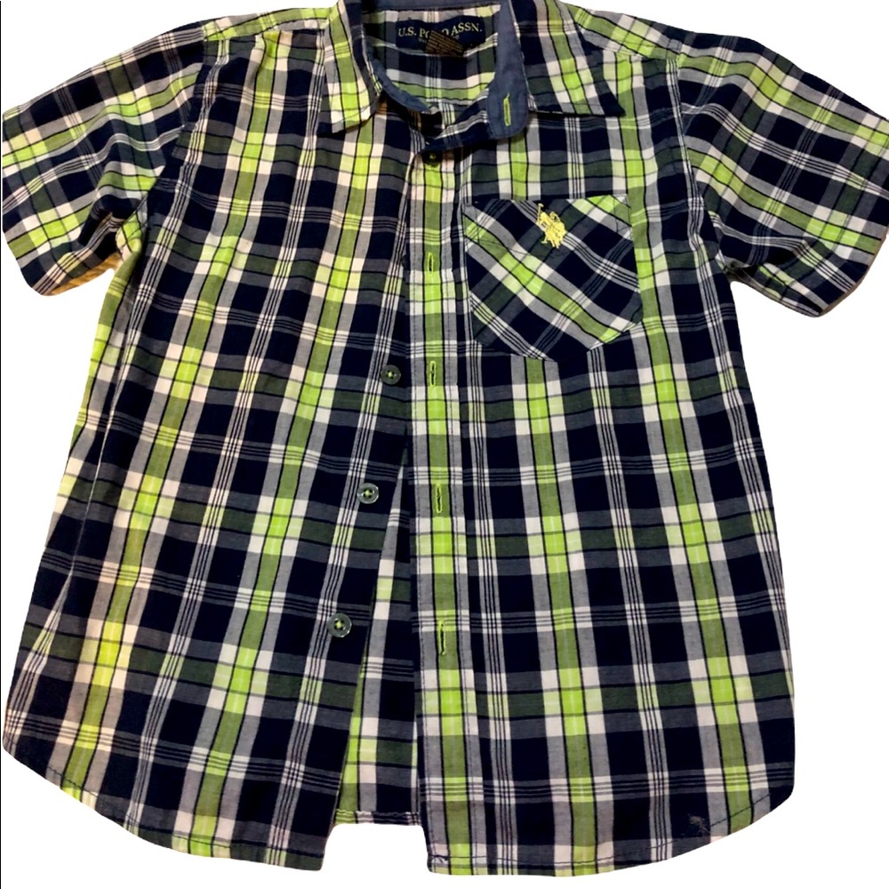 Polo Assn short sleeve plaid dress shirt w/pocket Easter Church dressy party